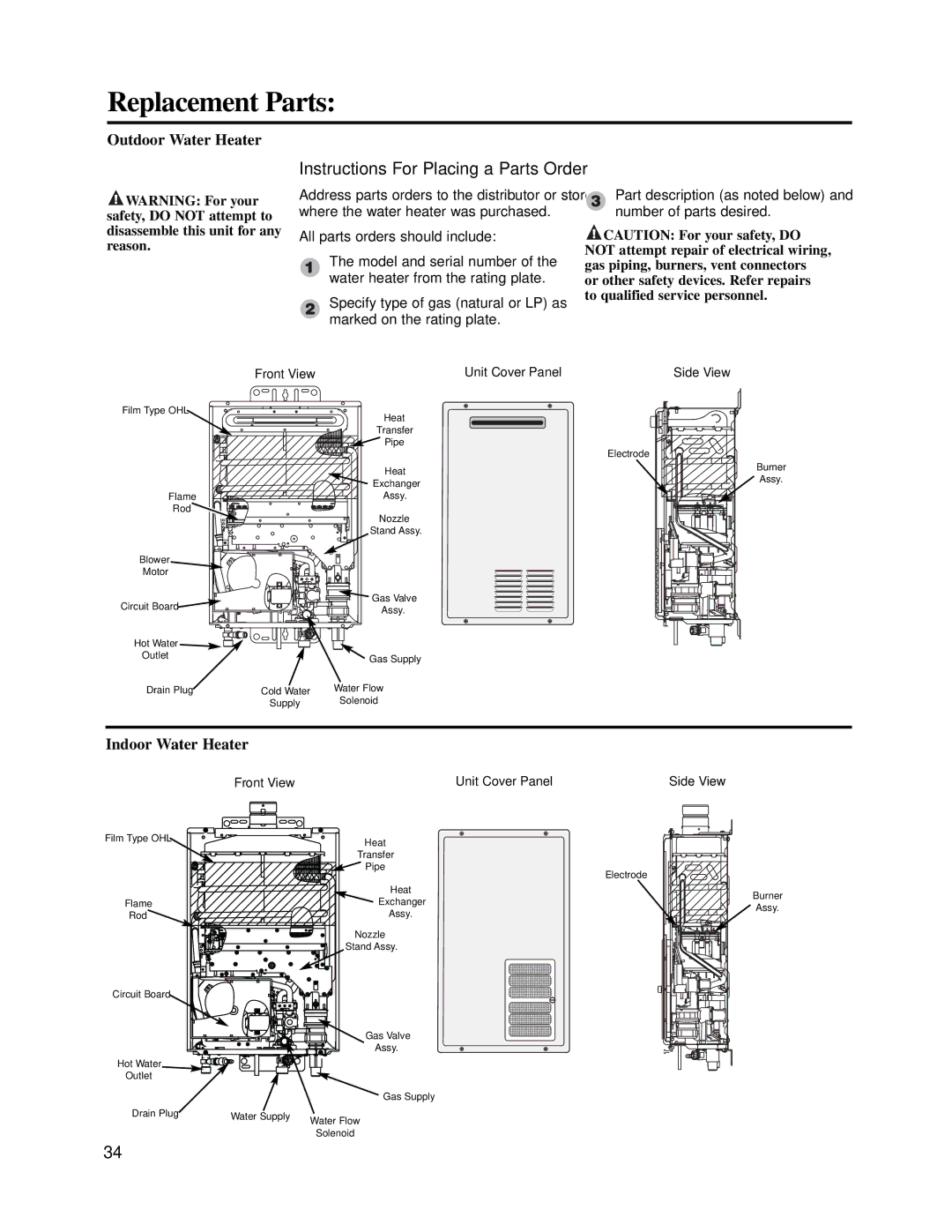 Rheem RUTG2-53-(PVN)(PVP)(XN)(XP), PTG2-42(PVN)(PVP) warranty Replacement Parts, Instructions For Placing a Parts Order 