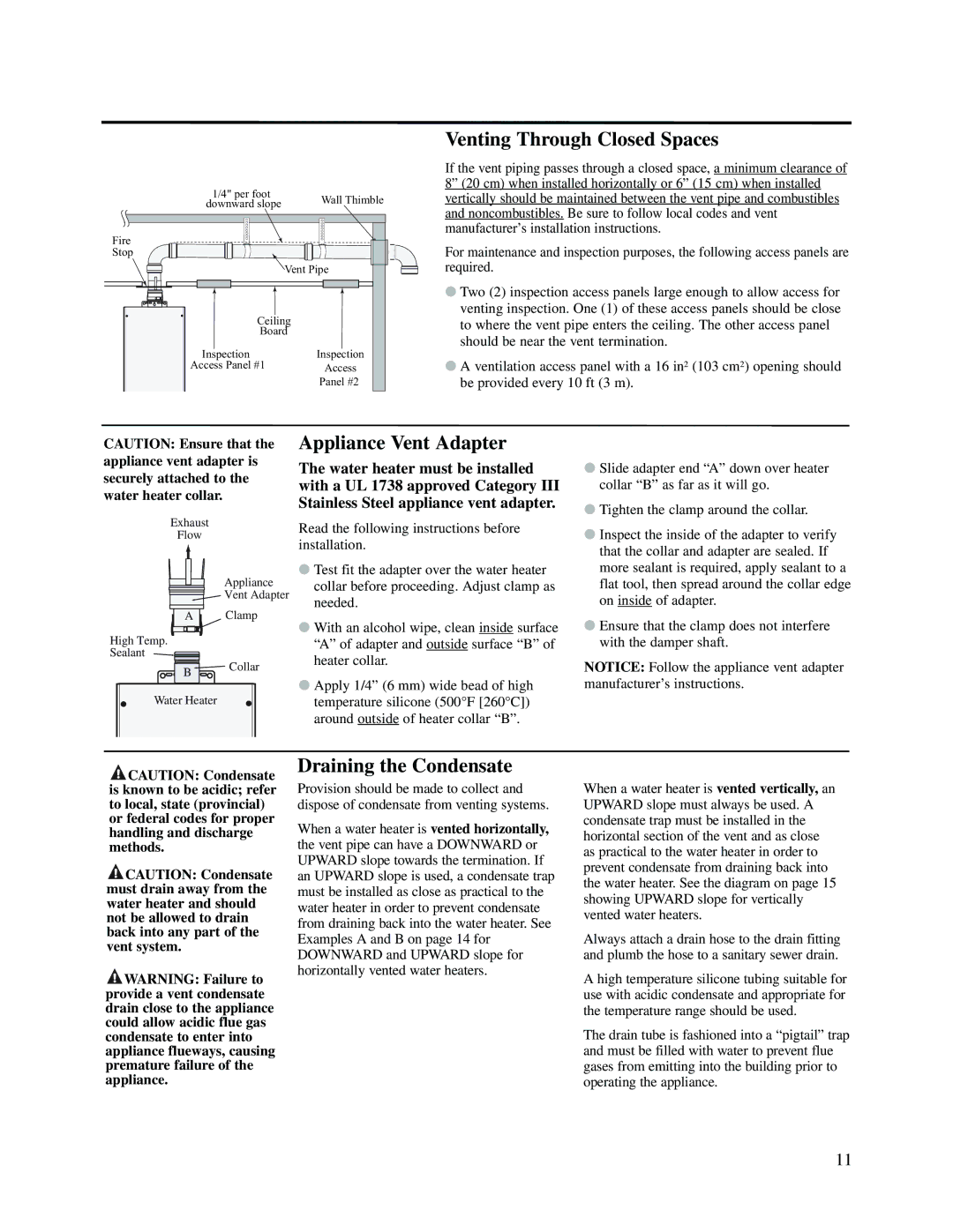 Rheem RMTG2-53(PVN)(PVP)(XN)(XP) warranty Venting Through Closed Spaces, Appliance Vent Adapter, Draining the Condensate 