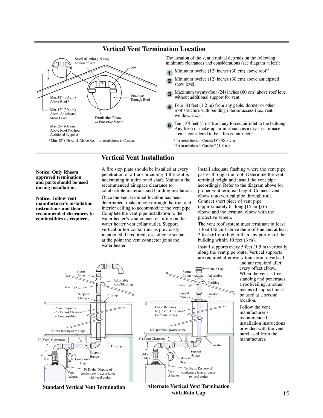 Rheem RMTG2-53(PVN)(PVP)(XN)(XP), PTG53-(PVN)(PVP)(XN)(XP) Vertical Vent Termination Location, Vertical Vent Installation 