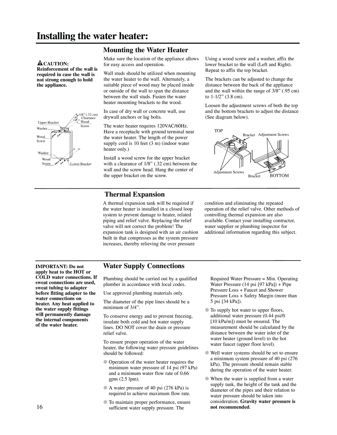 Rheem PTG53-(PVN)(PVP)(XN)(XP) warranty Mounting the Water Heater, Thermal Expansion, Water Supply Connections 