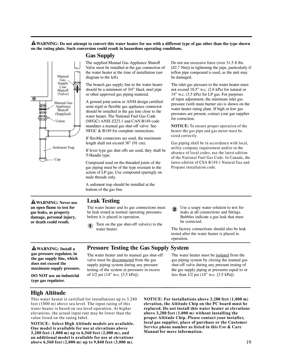 Rheem RMTG2-53(PVN)(PVP)(XN)(XP) warranty Leak Testing, Pressure Testing the Gas Supply System, High Altitude 