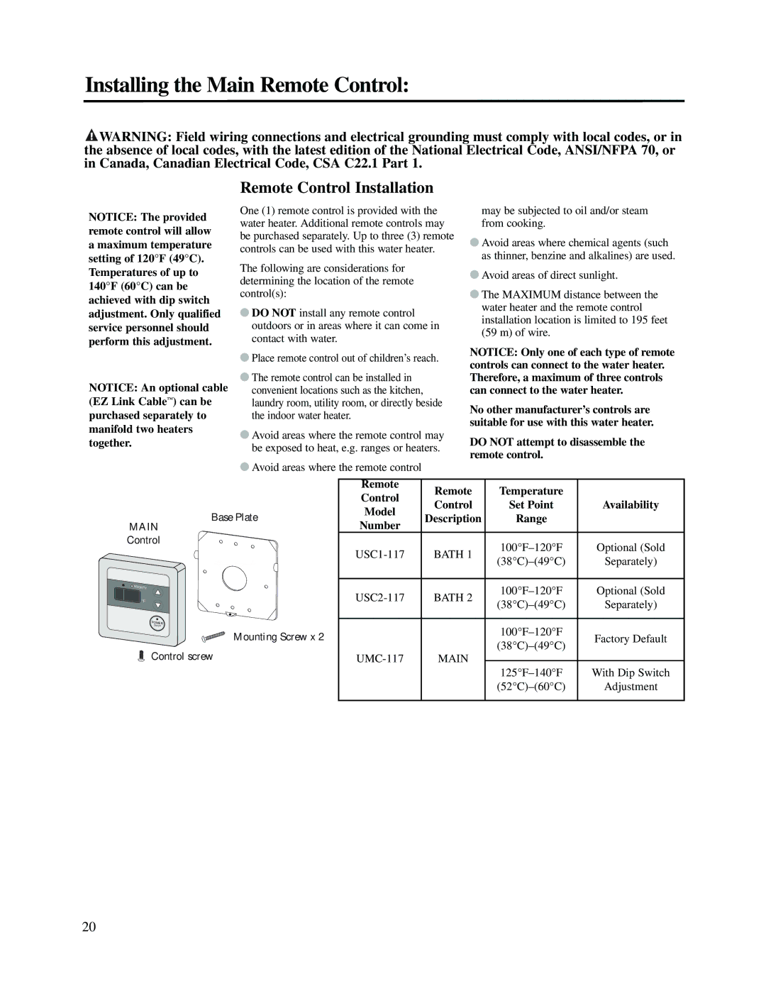 Rheem PTG53-(PVN)(PVP)(XN)(XP), RUTG2-53(PVN)(PVP)(XN)(XP) Remote Control Installation, Model, Description Range Number 