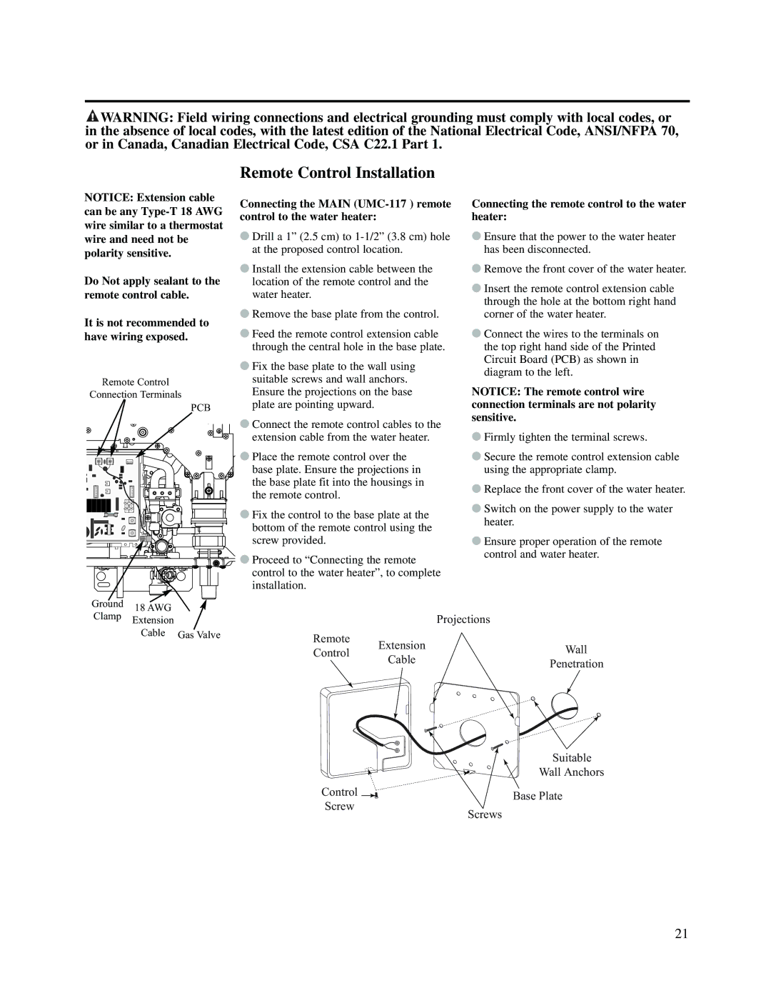 Rheem RUTG2-53(PVN)(PVP)(XN)(XP), PTG53-(PVN)(PVP)(XN)(XP) warranty Remote Control ExtensionWall CablePenetration Suitable 