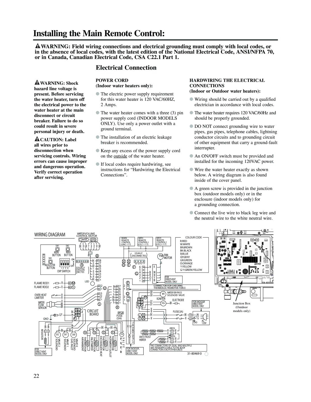 Rheem RTG2-53(PVN)(PVP)(XN)(XP) warranty Electrical Connection, Indoor water heaters only, Indoor or Outdoor water heaters 