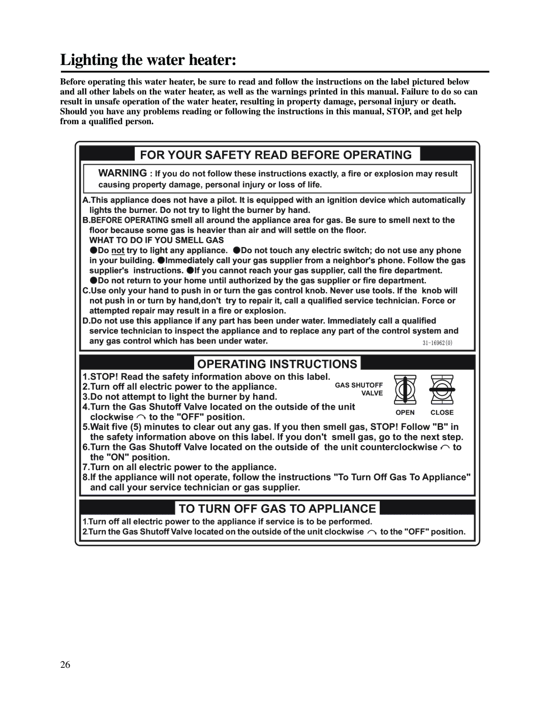 Rheem RTG2-53(PVN)(PVP)(XN)(XP), PTG53-(PVN)(PVP)(XN)(XP) warranty Lighting the water heater, To Turn OFF GAS to Appliance 