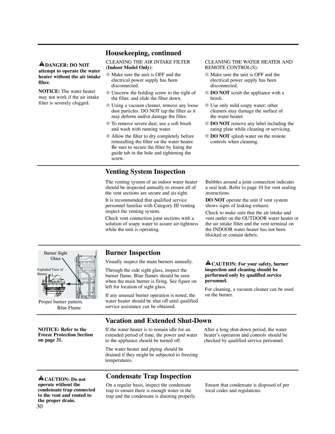 Rheem RTG2-53(PVN)(PVP)(XN)(XP) warranty Venting System Inspection, Burner Inspection, Vacation and Extended Shut-Down 