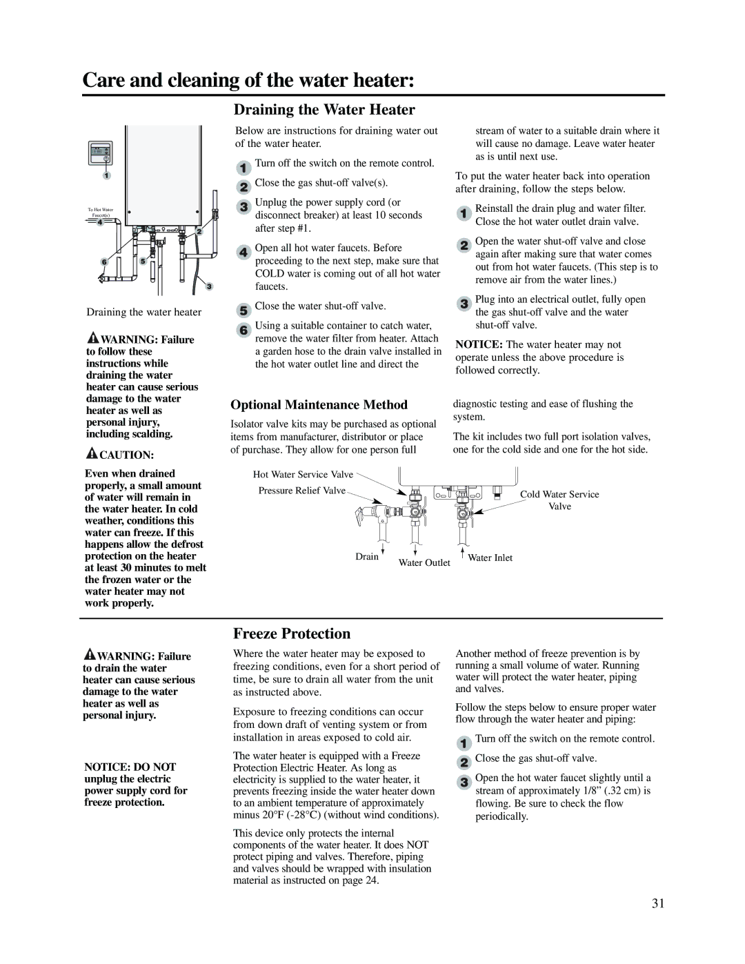 Rheem RMTG2-53(PVN)(PVP)(XN)(XP), PTG53-(PVN)(PVP)(XN)(XP) warranty Draining the Water Heater, Freeze Protection 