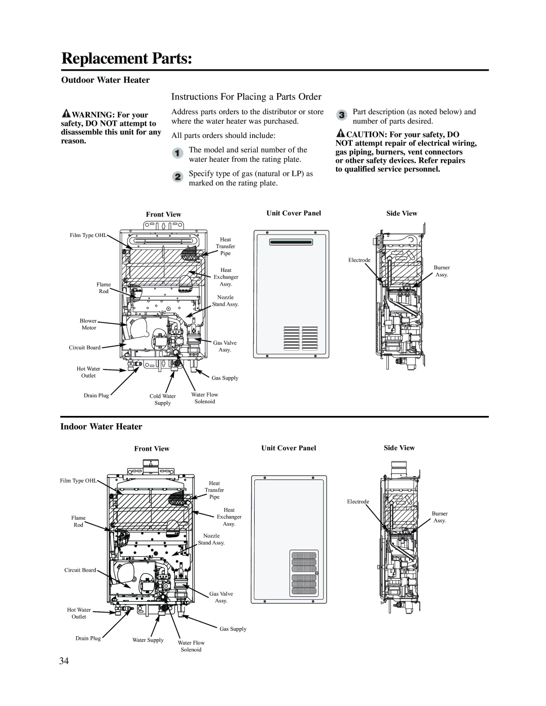 Rheem RTG2-53(PVN)(PVP)(XN)(XP), PTG53-(PVN)(PVP)(XN)(XP) warranty Replacement Parts, Instructions For Placing a Parts Order 