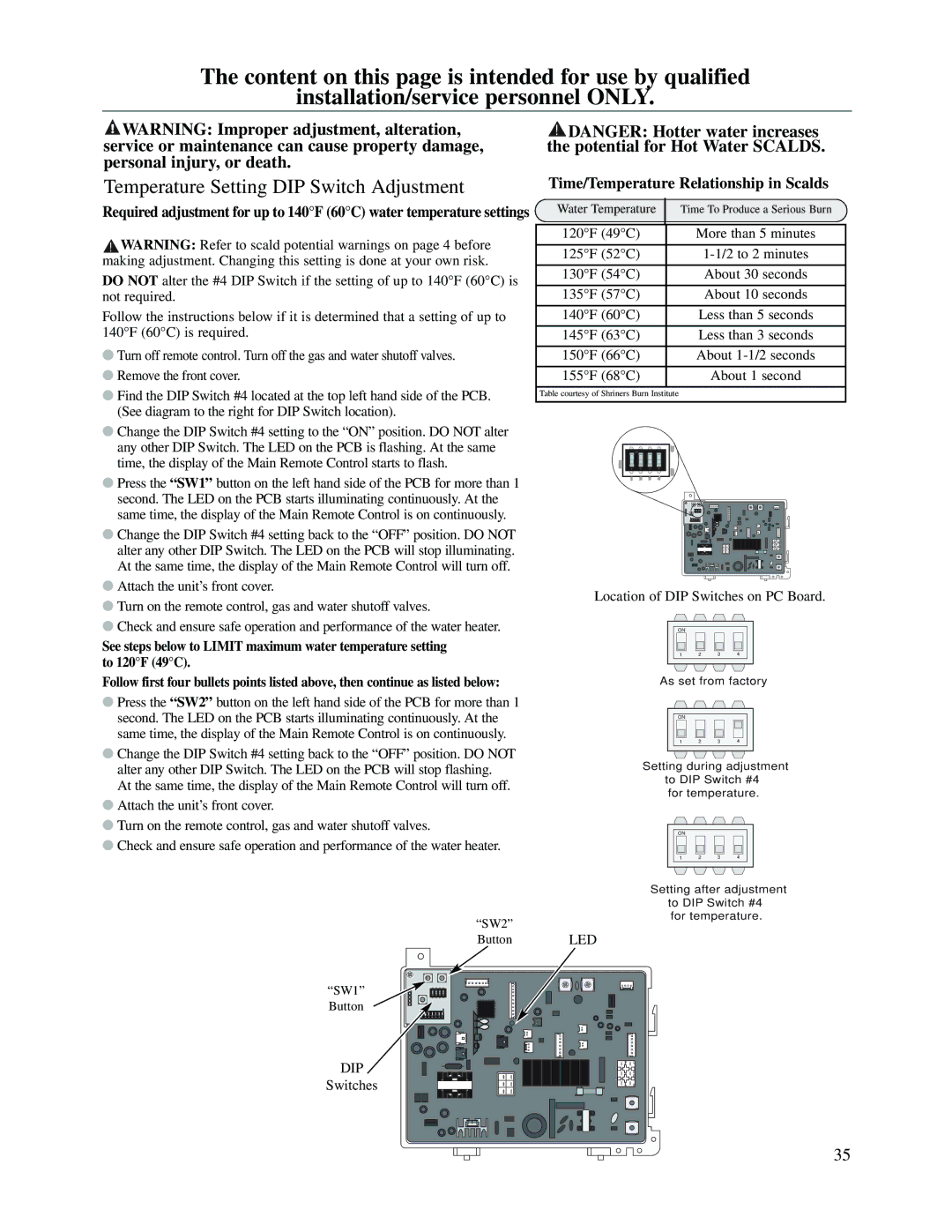 Rheem RMTG2-53(PVN)(PVP)(XN)(XP), PTG53-(PVN)(PVP)(XN)(XP) warranty Temperature Setting DIP Switch Adjustment 