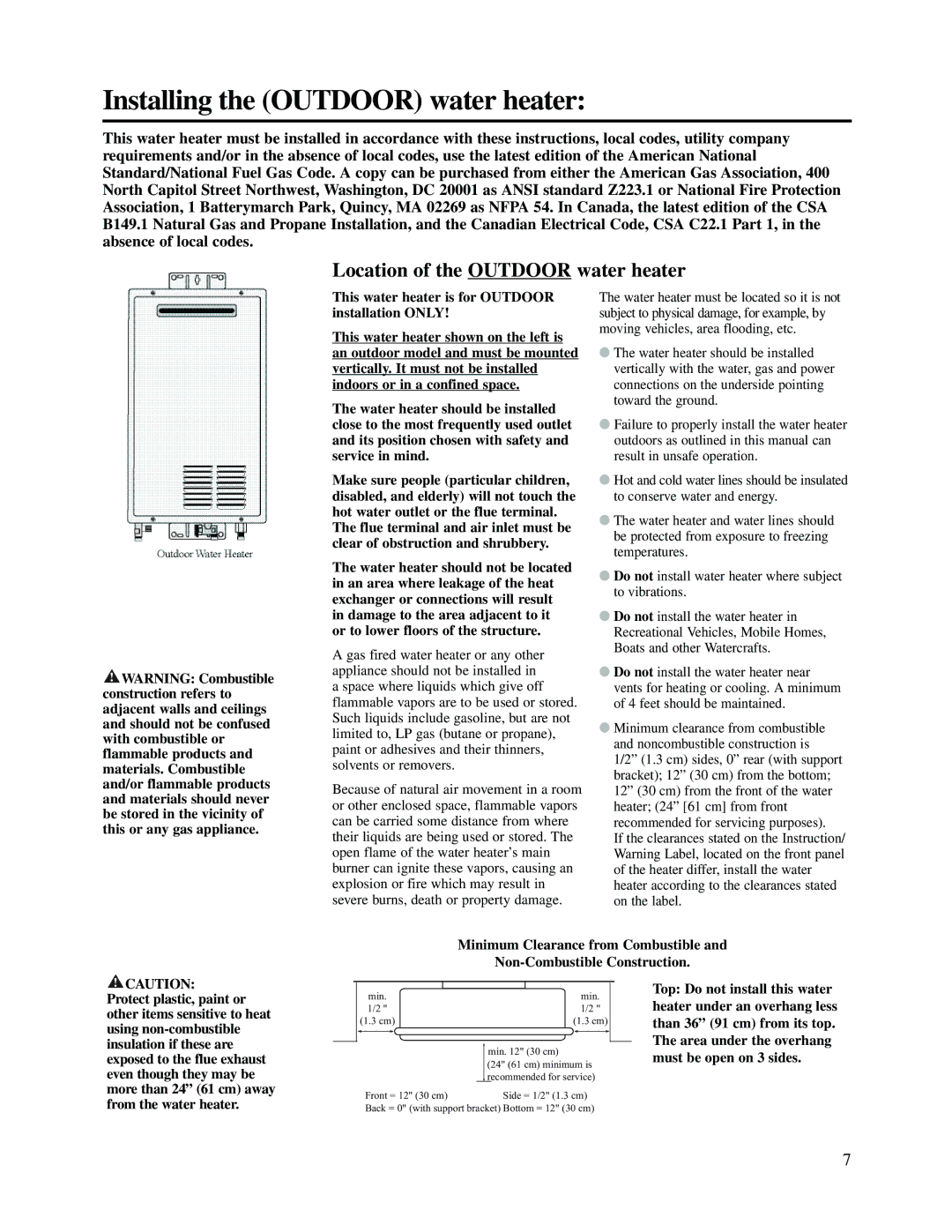 Rheem RMTG2-53(PVN)(PVP)(XN)(XP) warranty Installing the Outdoor water heater, Location of the Outdoor water heater 