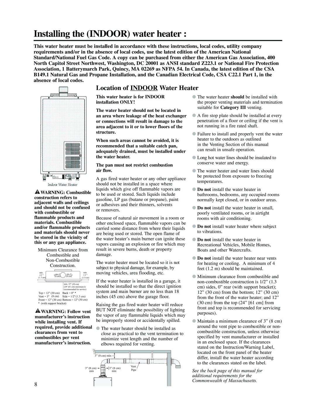 Rheem PTG53-(PVN)(PVP)(XN)(XP) warranty Installing the Indoor water heater, Location of Indoor Water Heater 