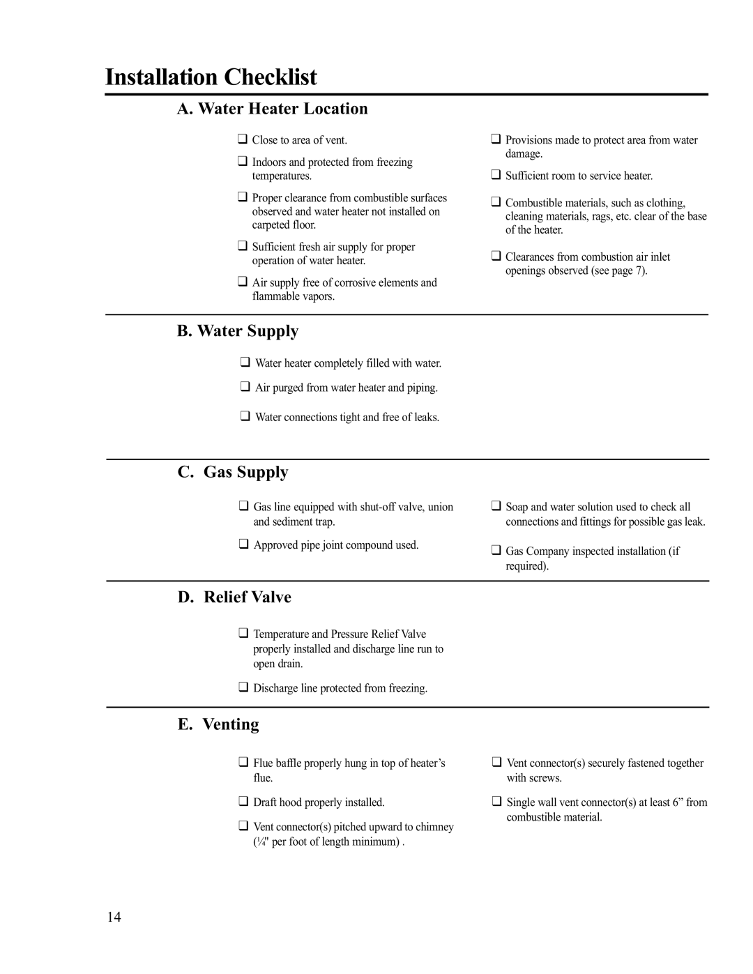 Rheem PVR50-80 (NAT) warranty Installation Checklist, Water Heater Location, Water Supply 