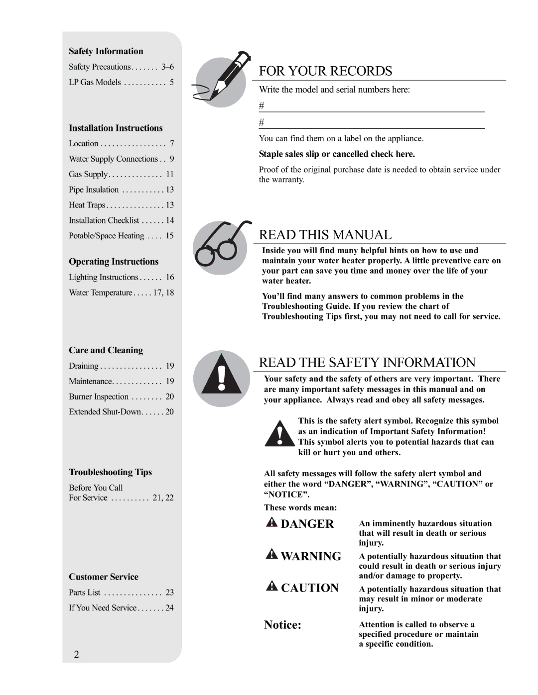 Rheem PVR50-80 (NAT) warranty For Your Records, Read this Manual, Read the Safety Information 