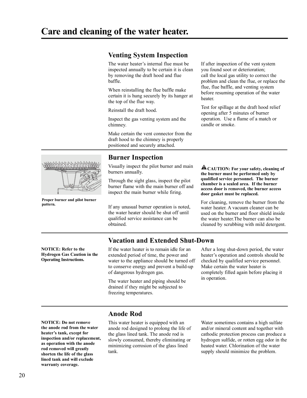 Rheem PVR50-80 (NAT) warranty Venting System Inspection, Burner Inspection, Vacation and Extended Shut-Down, Anode Rod 