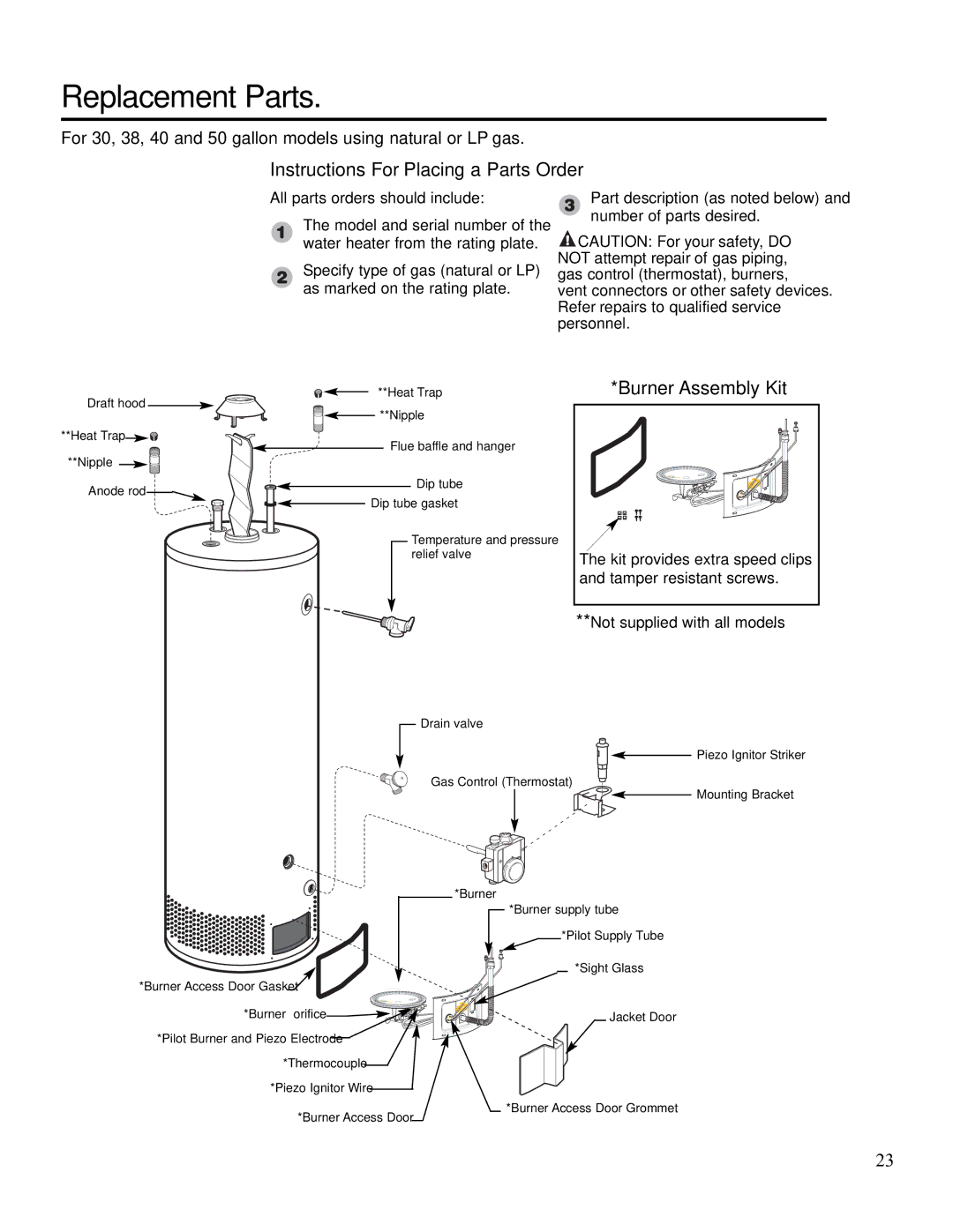 Rheem PVR50-80 (NAT) warranty Replacement Parts, Instructions For Placing a Parts Order 