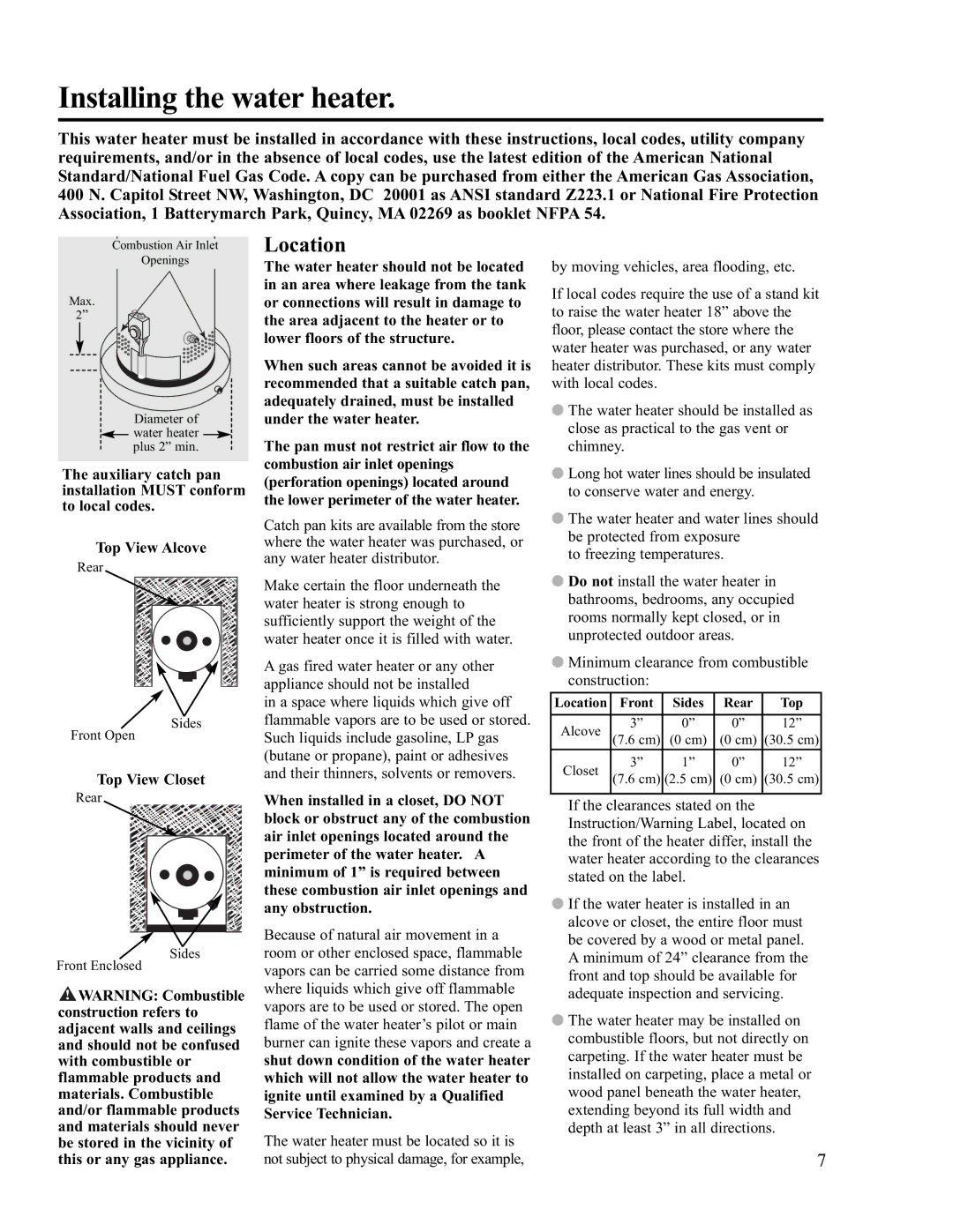 Rheem PVR50-80 (NAT) warranty Installing the water heater, Location 