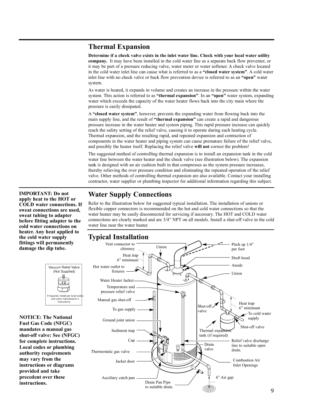 Rheem PVR50-80 (NAT) warranty Thermal Expansion, Water Supply Connections, Typical Installation 