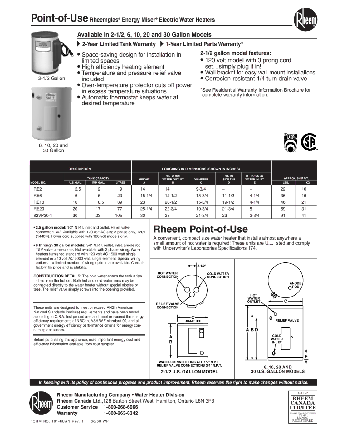 Rheem RE6, RE20, RE10, 82VP30 warranty Point-of-UseRheemglas Energy Miser Electric Water Heaters, gallon model features 