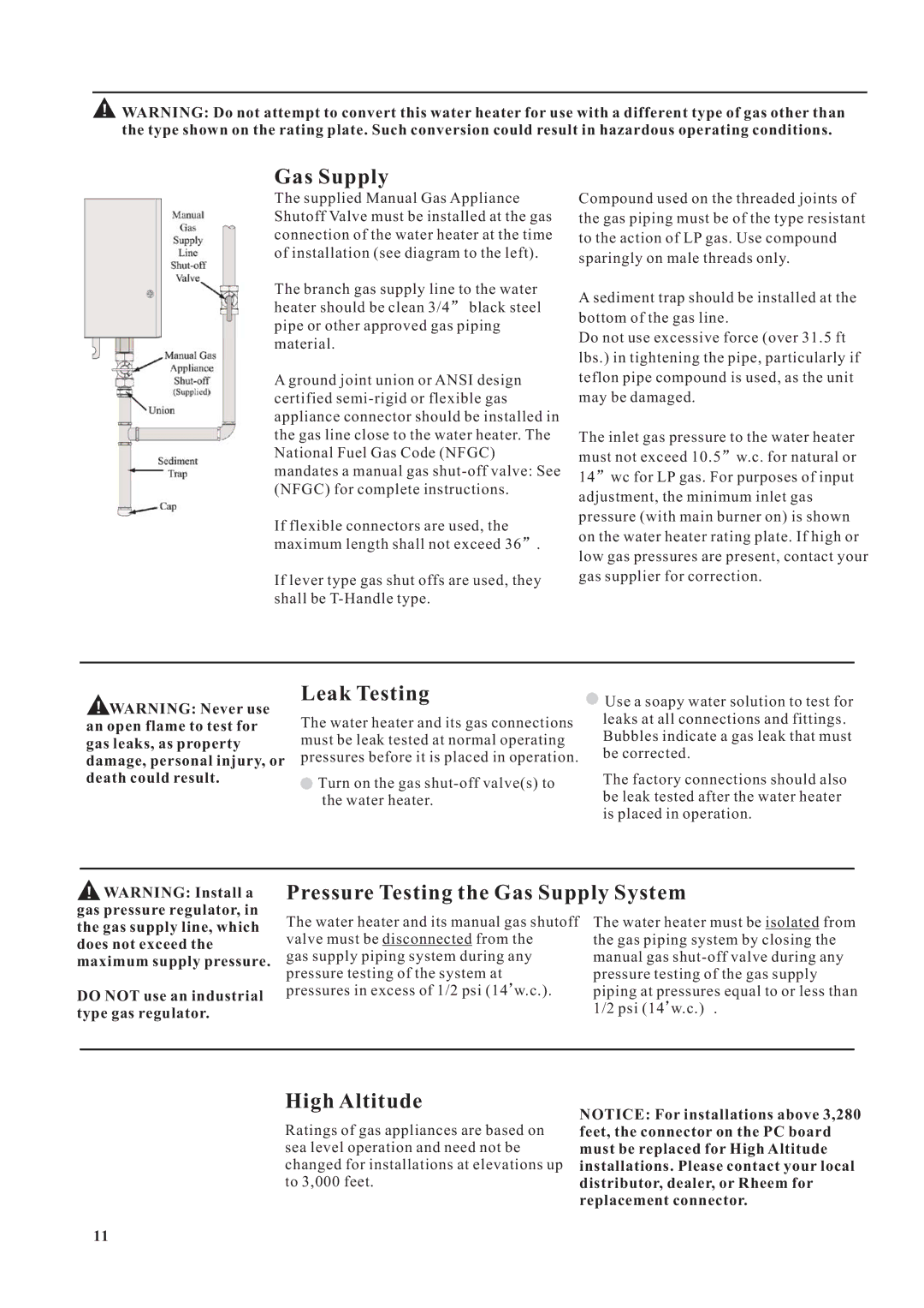 Rheem Residential Indoor Gas Tankless Water Heater Leak Testing, Pressure Testing the Gas Supply System, High Altitude 