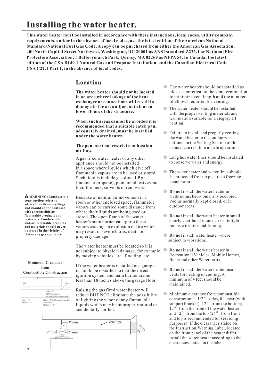 Rheem Residential Indoor Gas Tankless Water Heater installation instructions Installing the water heater, Location 