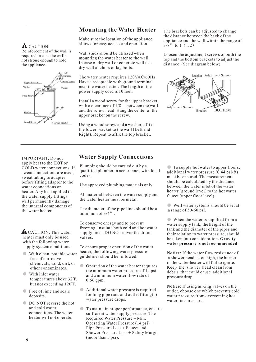 Rheem Residential Indoor Gas Tankless Water Heater Mounting the Water Heater, Water Supply Connections 