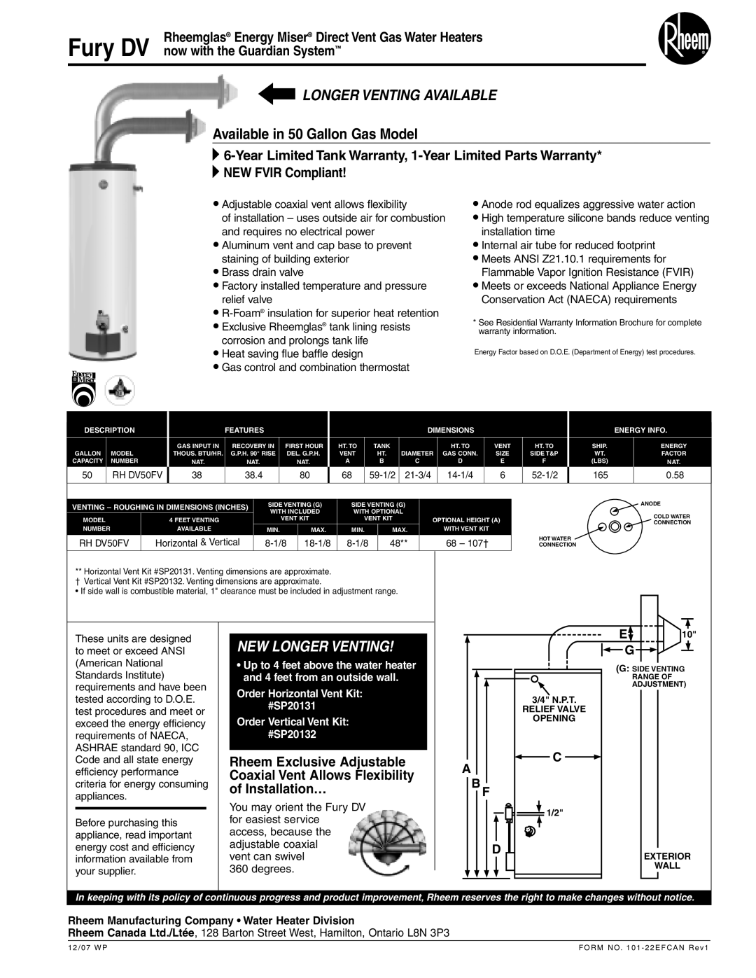 Rheem RH DV50FV warranty Longer Venting Available, Available in 50 Gallon Gas Model, 38.4 59-1/2 21-3/4 14-1/4 52-1/2 165 