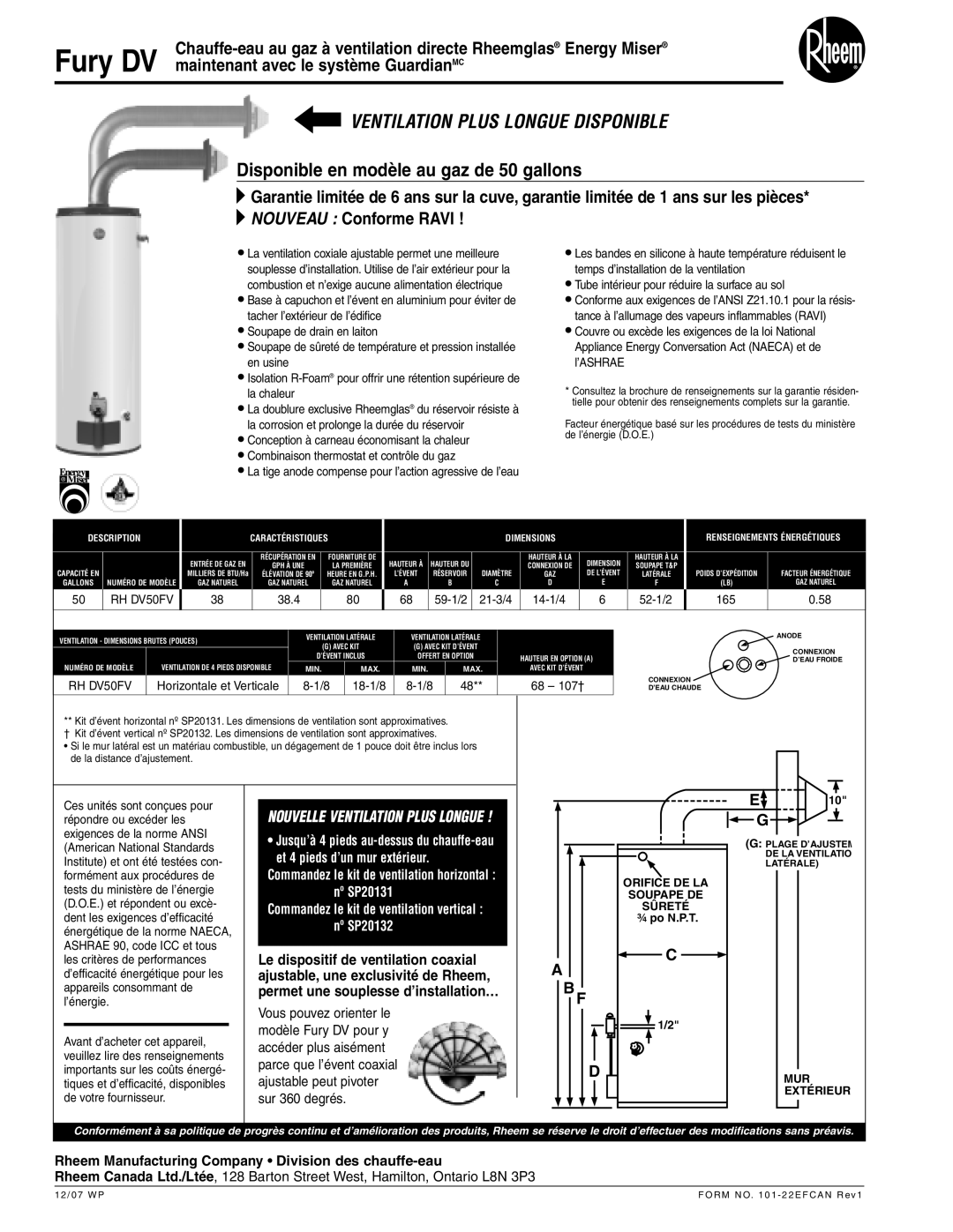 Rheem RH DV50FV Ventilation Plus Longue Disponible, Disponible en modèle au gaz de 50 gallons, Horizontale et Verticale 