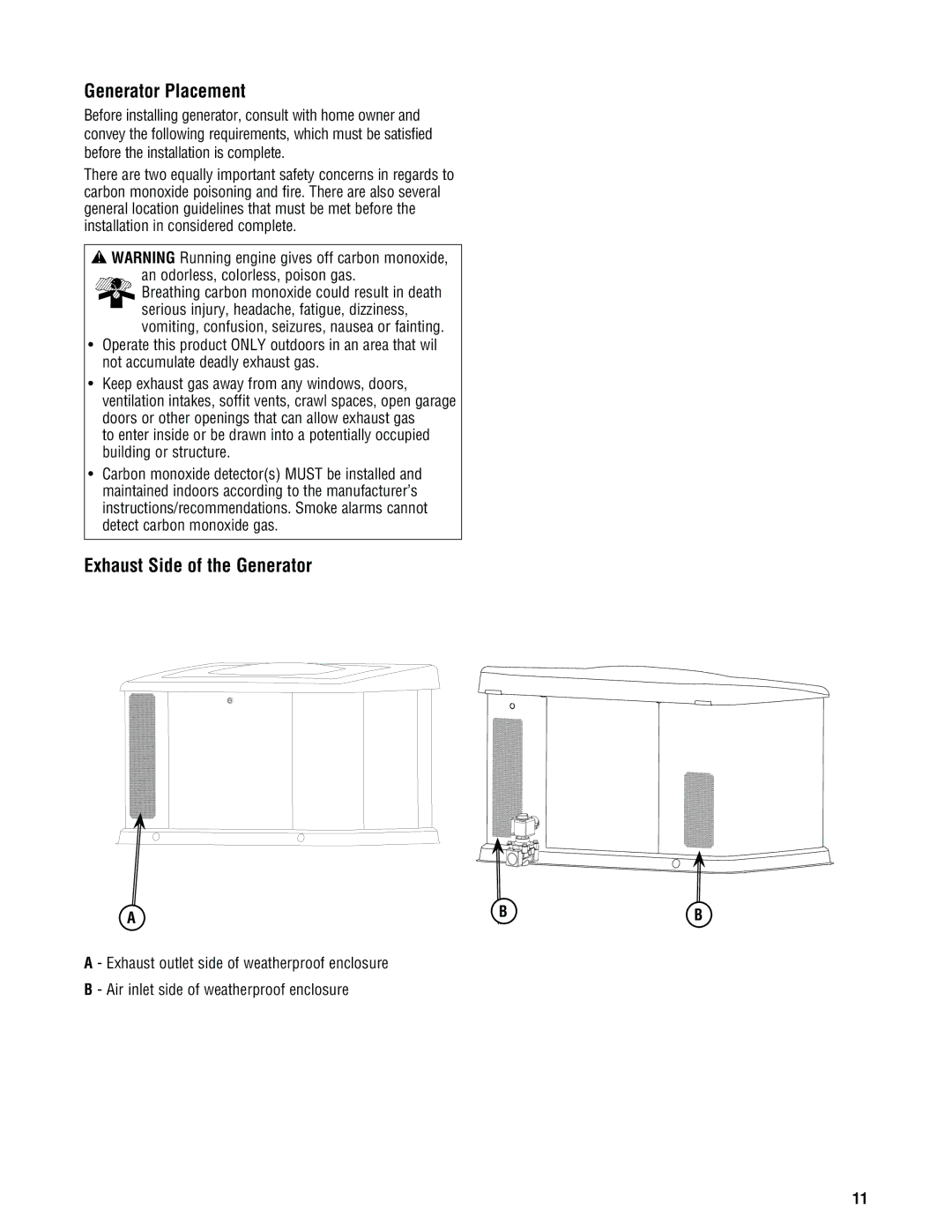 Rheem Rheem / Ruud standby generator, GEN20AD-E, GEN16AD-E, GEN15ADC-E Generator Placement, Exhaust Side of the Generator 