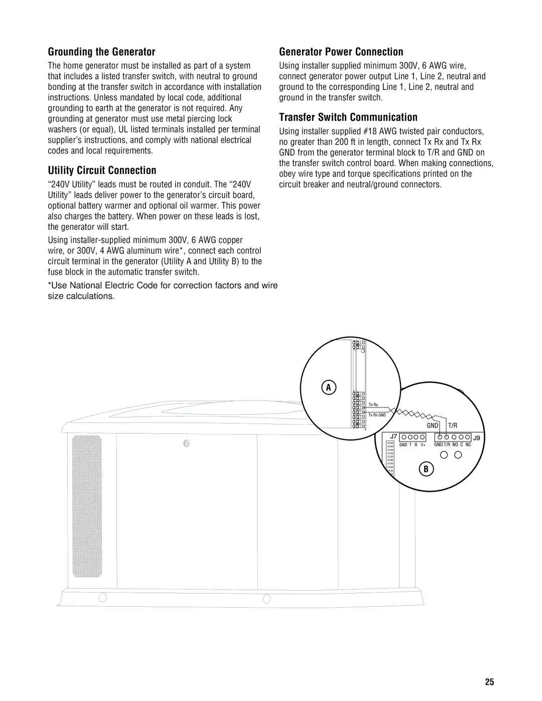 Rheem GEN16AD-E, GEN20AD-E, GEN15ADC-E Grounding the Generator, Utility Circuit Connection, Generator Power Connection 