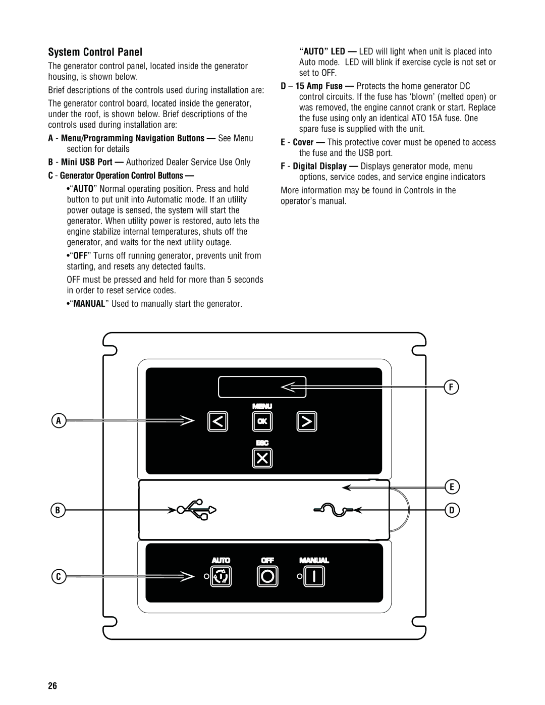 Rheem GEN15ADC-E, GEN20AD-E, GEN16AD-E installation manual System Control Panel, Generator Operation Control Buttons 