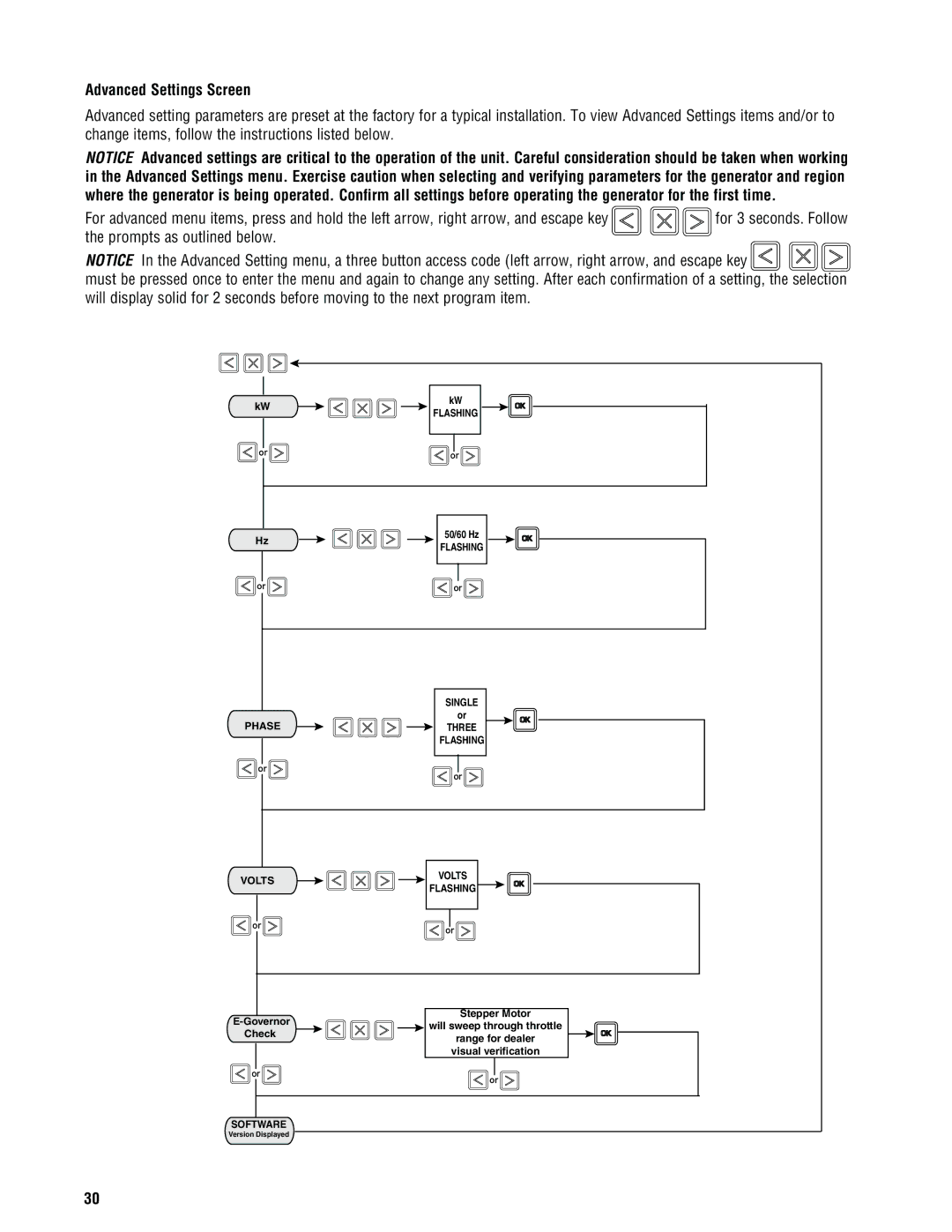 Rheem GEN15ADC-E, GEN20AD-E, GEN16AD-E, Rheem / Ruud standby generator Advanced Settings Screen, Prompts as outlined below 