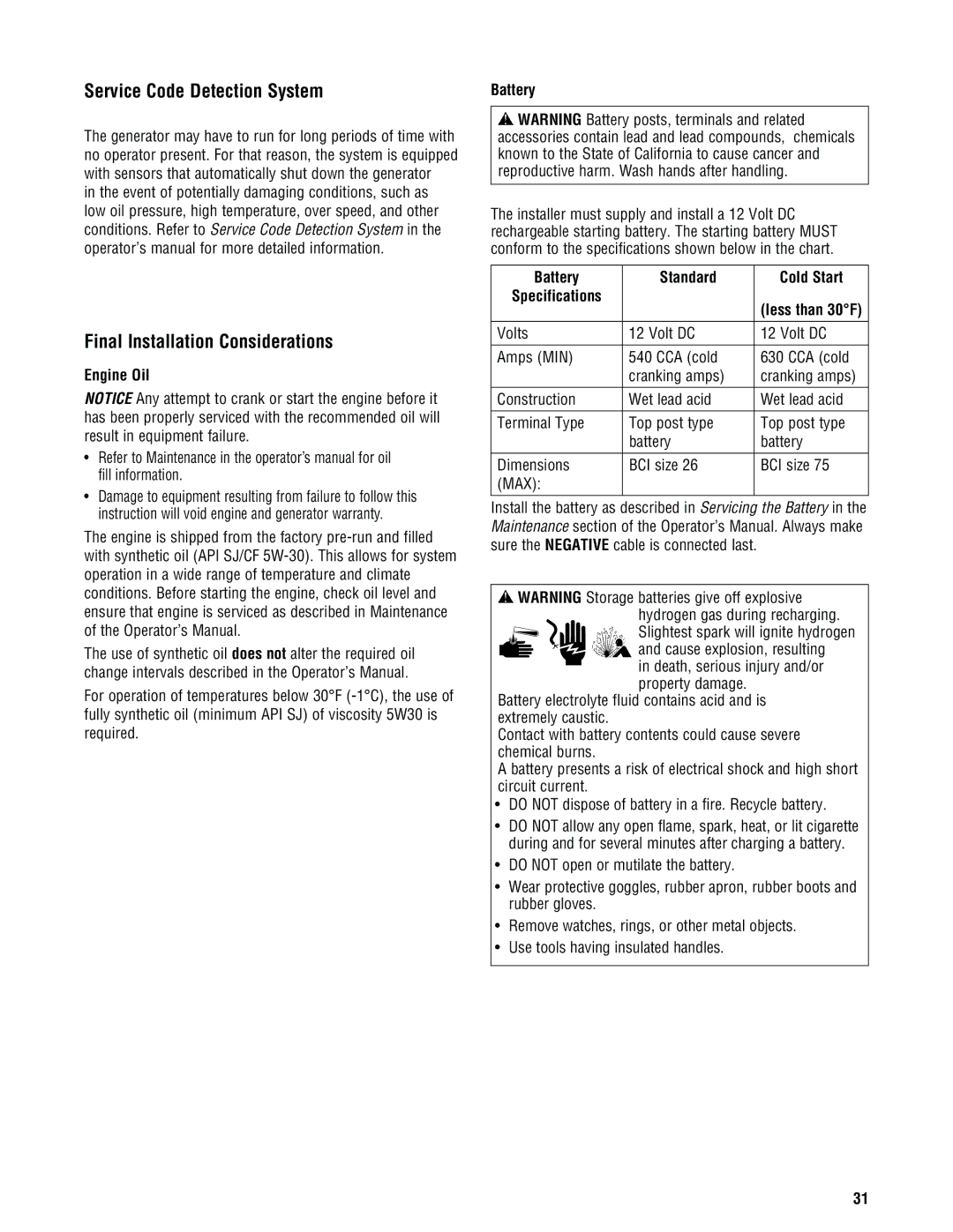 Rheem Rheem / Ruud standby generator Service Code Detection System, Final Installation Considerations, Engine Oil, Battery 