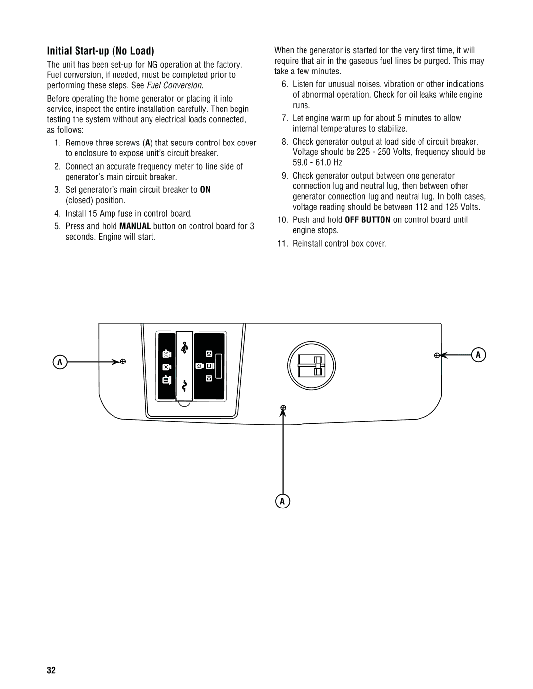 Rheem GEN20AD-E, GEN16AD-E, GEN15ADC-E, Rheem / Ruud standby generator installation manual Initial Start-up No Load 