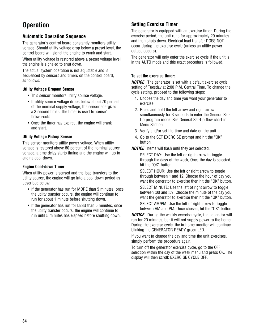 Rheem GEN15ADC-E, GEN20AD-E, GEN16AD-E, Rheem / Ruud standby generator Automatic Operation Sequence, Setting Exercise Timer 