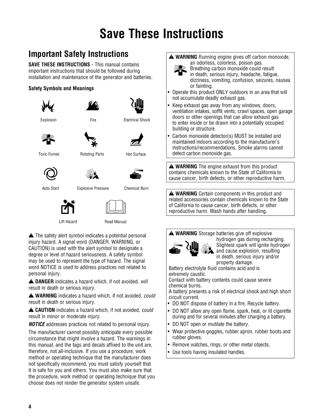 Rheem GEN20AD-E, GEN16AD-E, GEN15ADC-E installation manual Important Safety Instructions, Safety Symbols and Meanings 