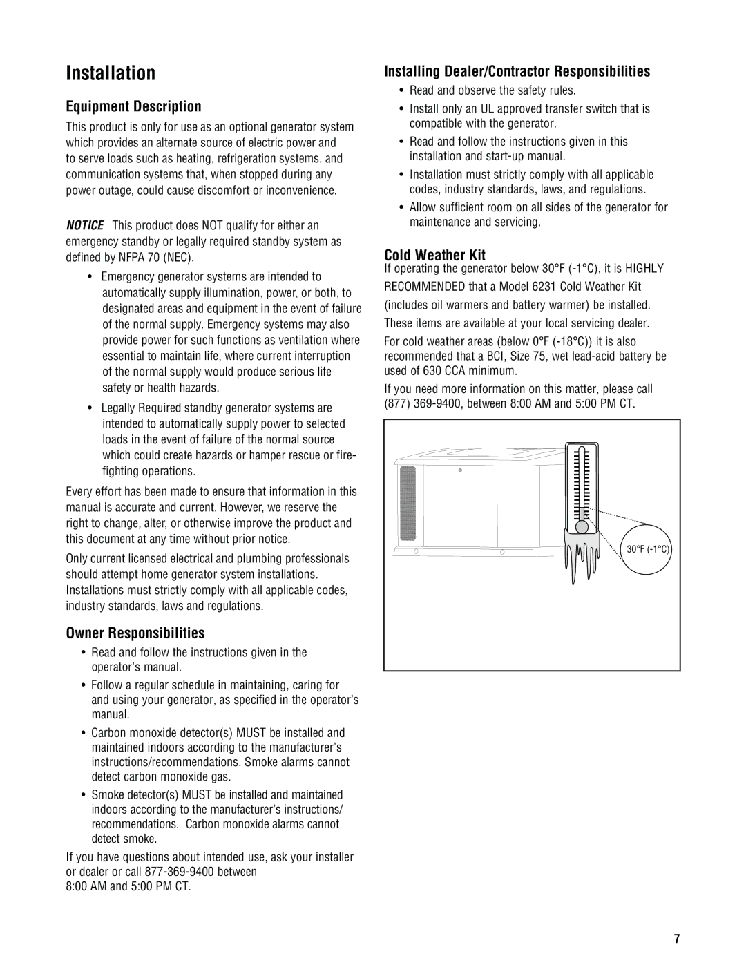 Rheem Rheem / Ruud standby generator, GEN20AD-E, GEN16AD-E Equipment Description, Owner Responsibilities, Cold Weather Kit 