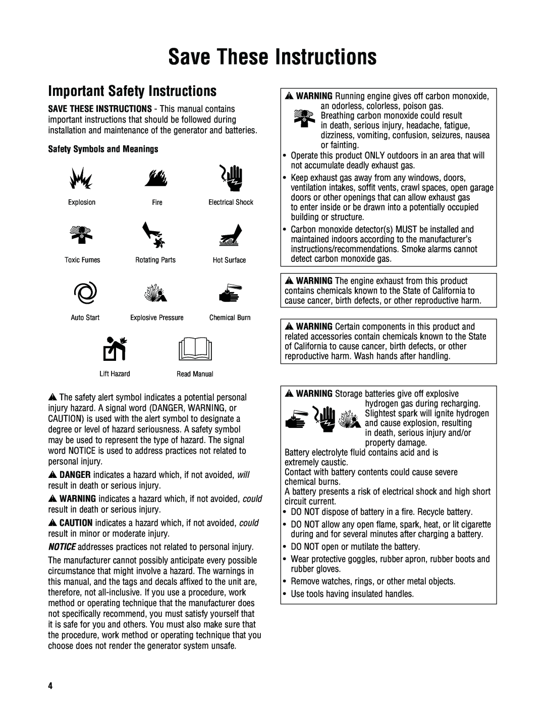 Rheem GEN20AD-E, GEN16AD-E, GEN15ADC-E Save These Instructions, Important Safety Instructions, Safety Symbols and Meanings 