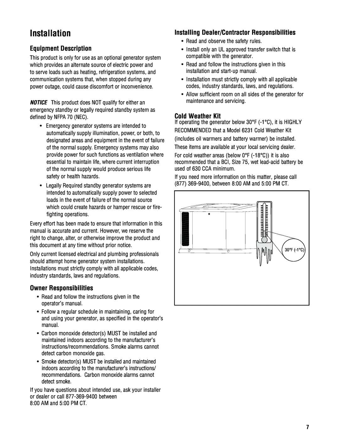 Rheem Rheem / Ruud standby generator Installation, Equipment Description, Owner Responsibilities, Cold Weather Kit 