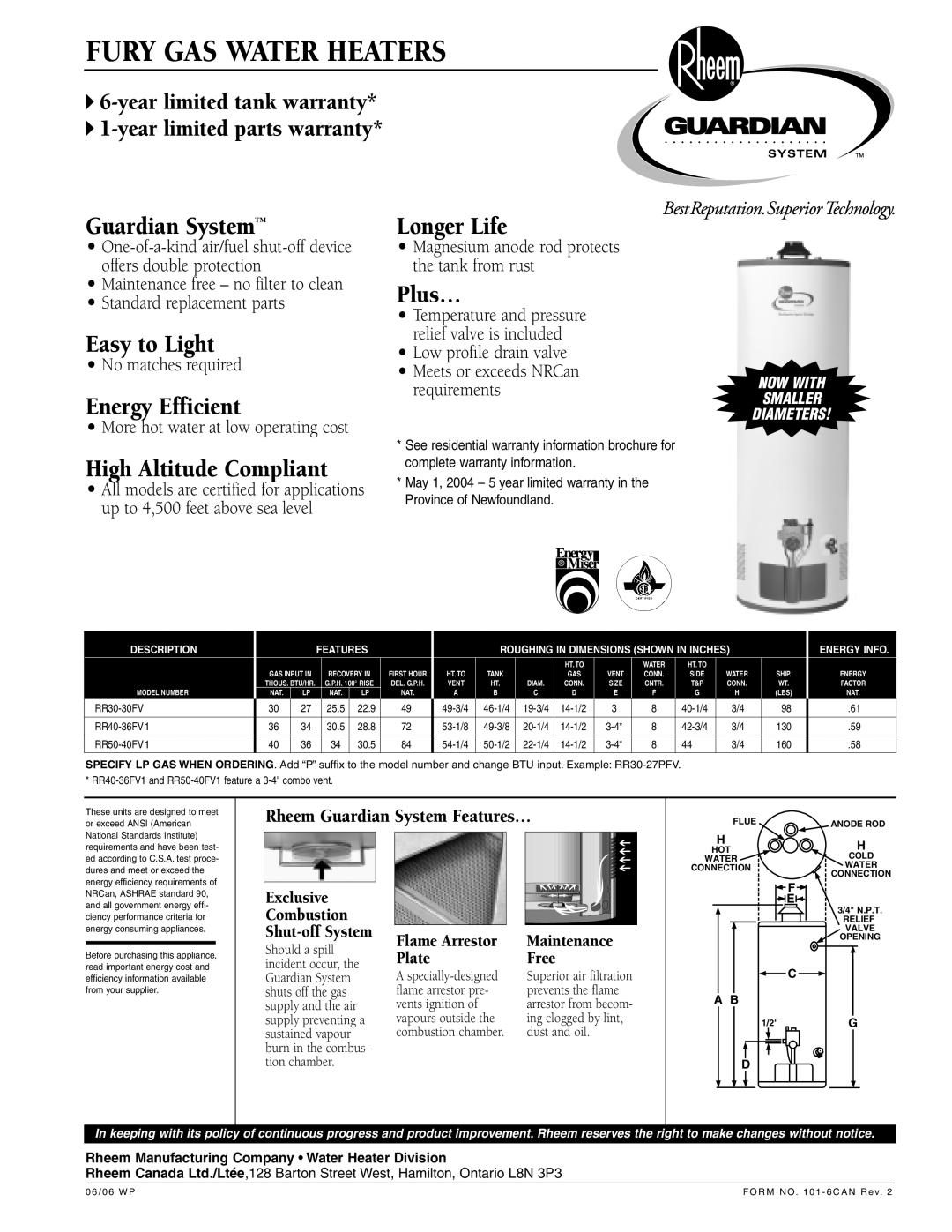 Rheem RR40-36FV1 warranty Guardian System, Easy to Light, Energy Efficient, High Altitude Compliant, Longer Life, Plus… 