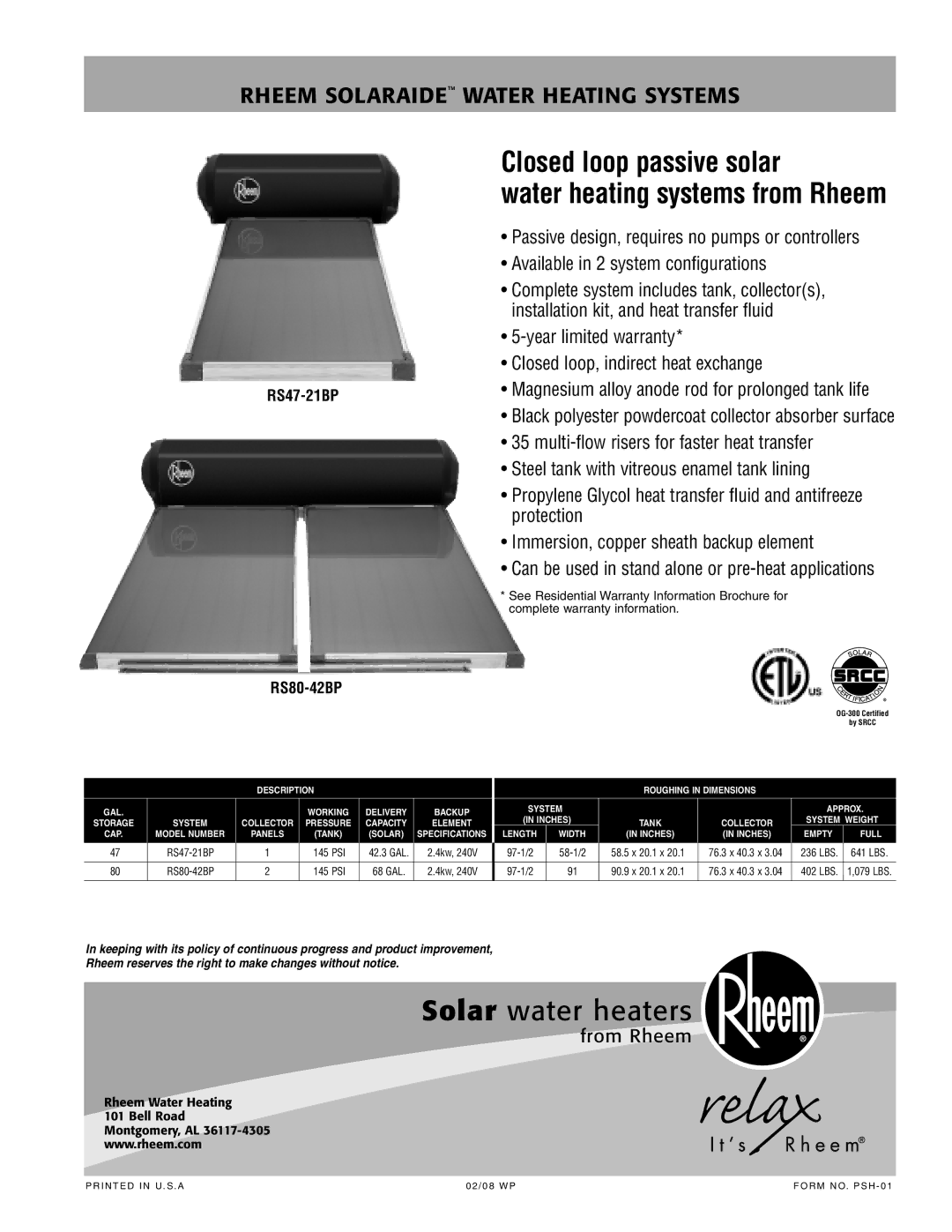 Rheem RS47-21BP, RS80-42BP installation instructions Passive Solar Water Heating Systems 