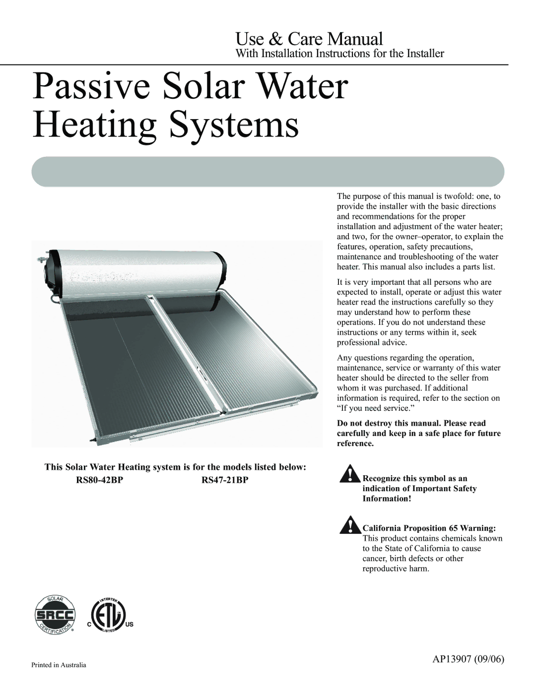 Rheem RS47-21BP, RS80-42BP installation instructions Passive Solar Water Heating Systems 