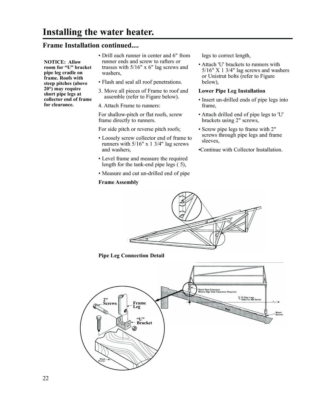 Rheem RS80-42BP, RS47-21BP installation instructions Frame Assembly, Lower Pipe Leg Installation, Pipe Leg Connection Detail 