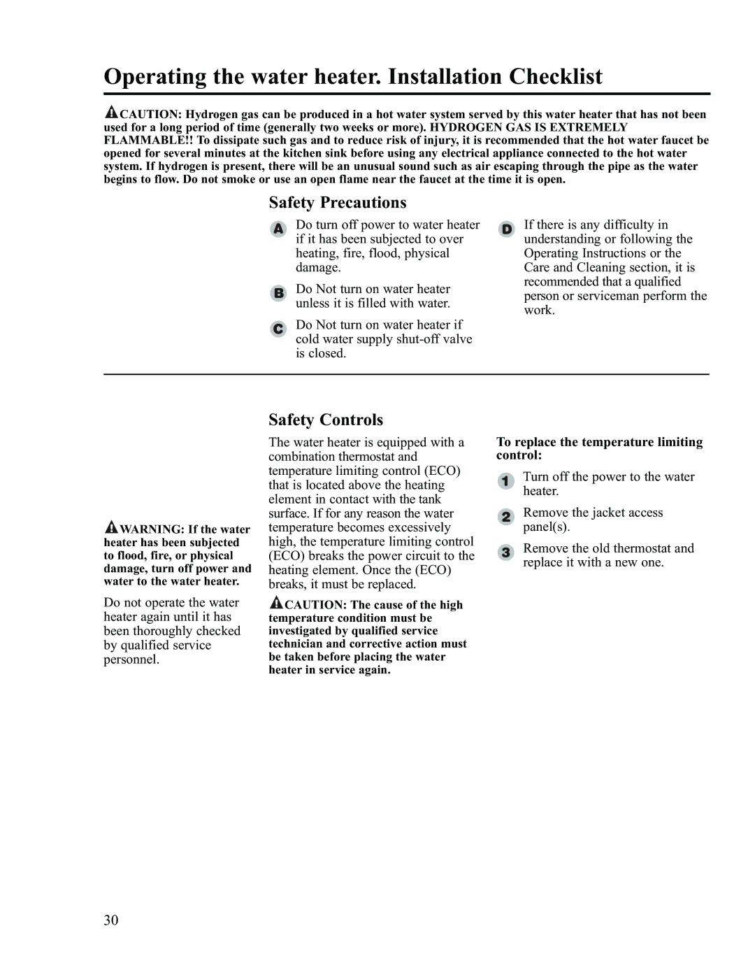 Rheem RS80-42BP, RS47-21BP Operating the water heater. Installation Checklist, Safety Precautions, Safety Controls 