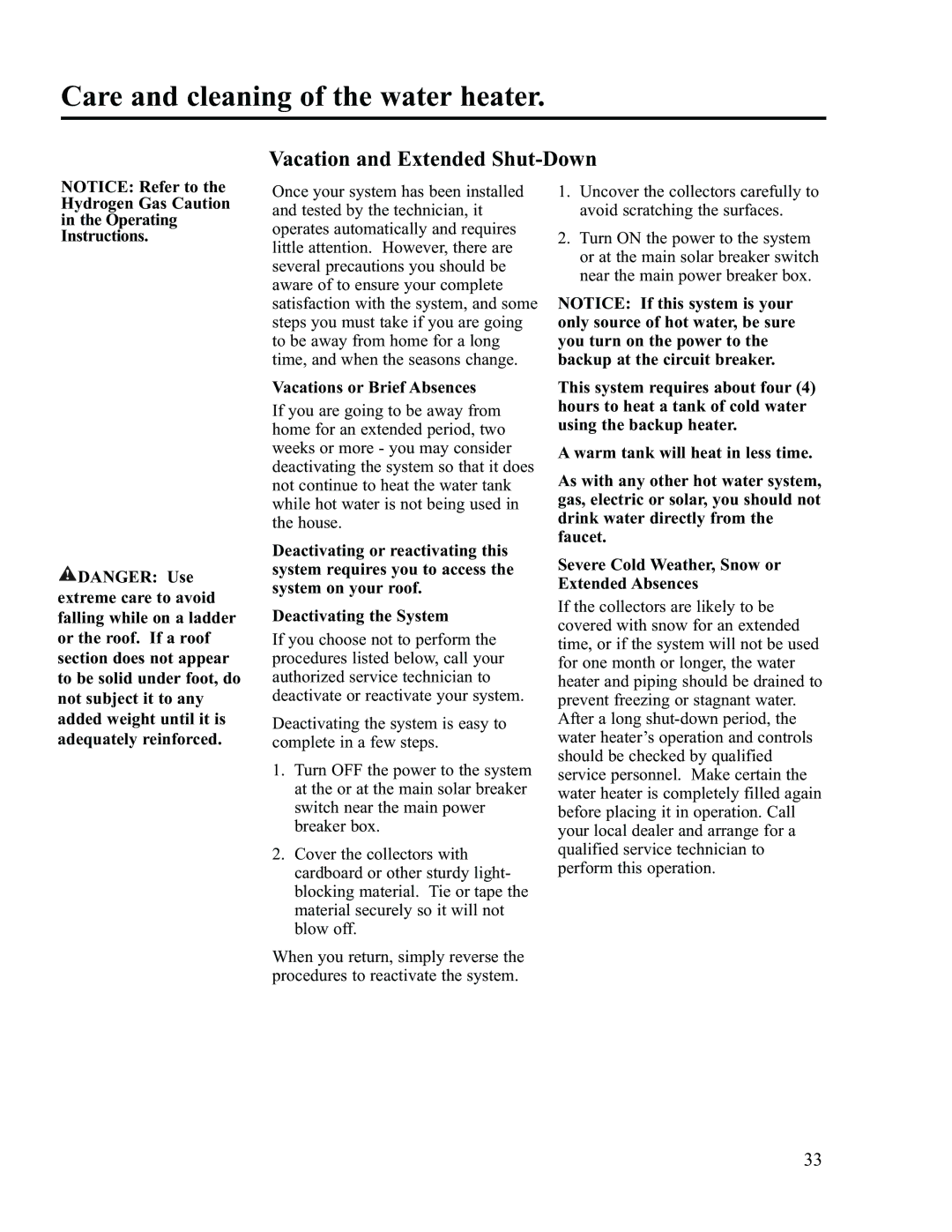 Rheem RS47-21BP, RS80-42BP installation instructions Vacation and Extended Shut-Down, Vacations or Brief Absences 