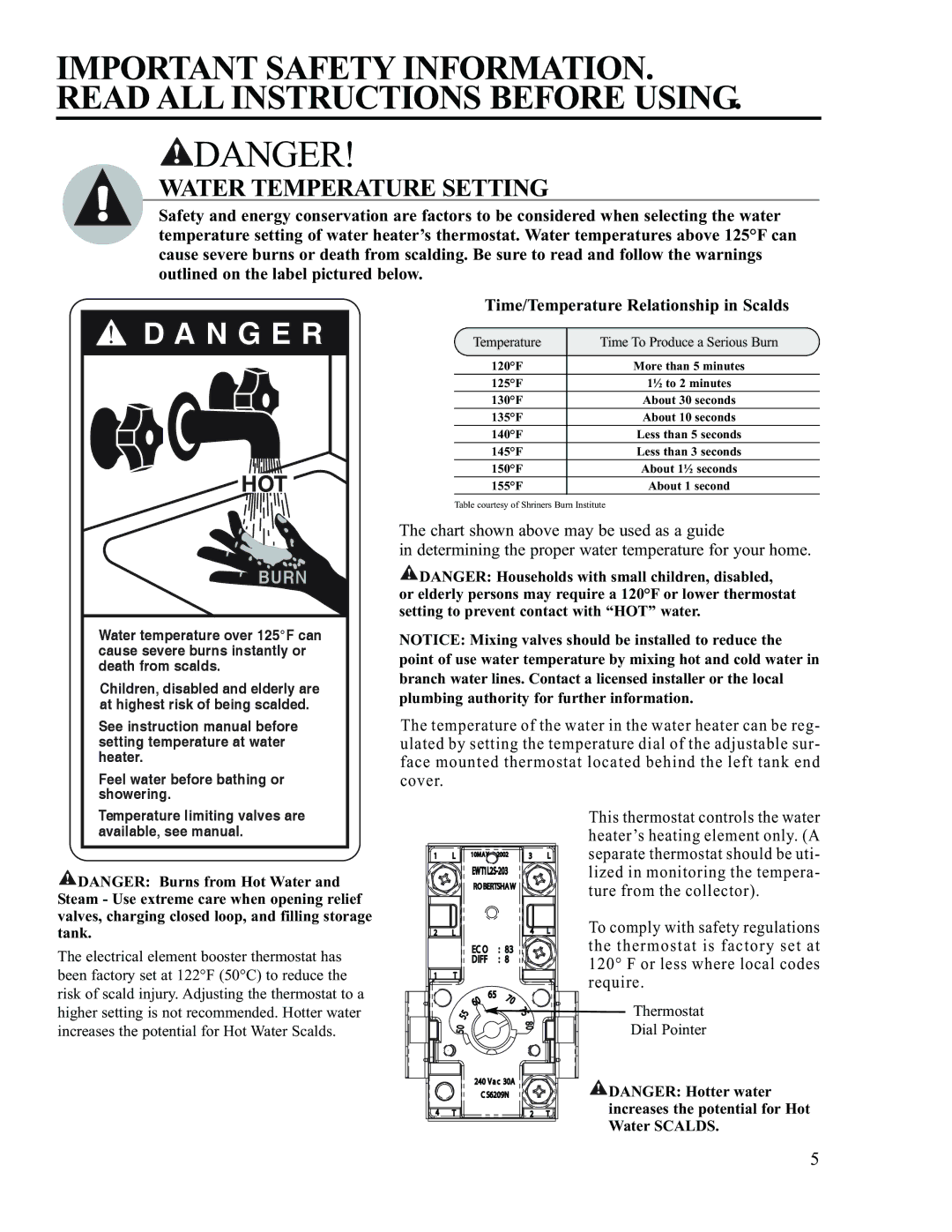 Rheem RS47-21BP, RS80-42BP installation instructions Water Temperature Setting, Time/Temperature Relationship in Scalds 
