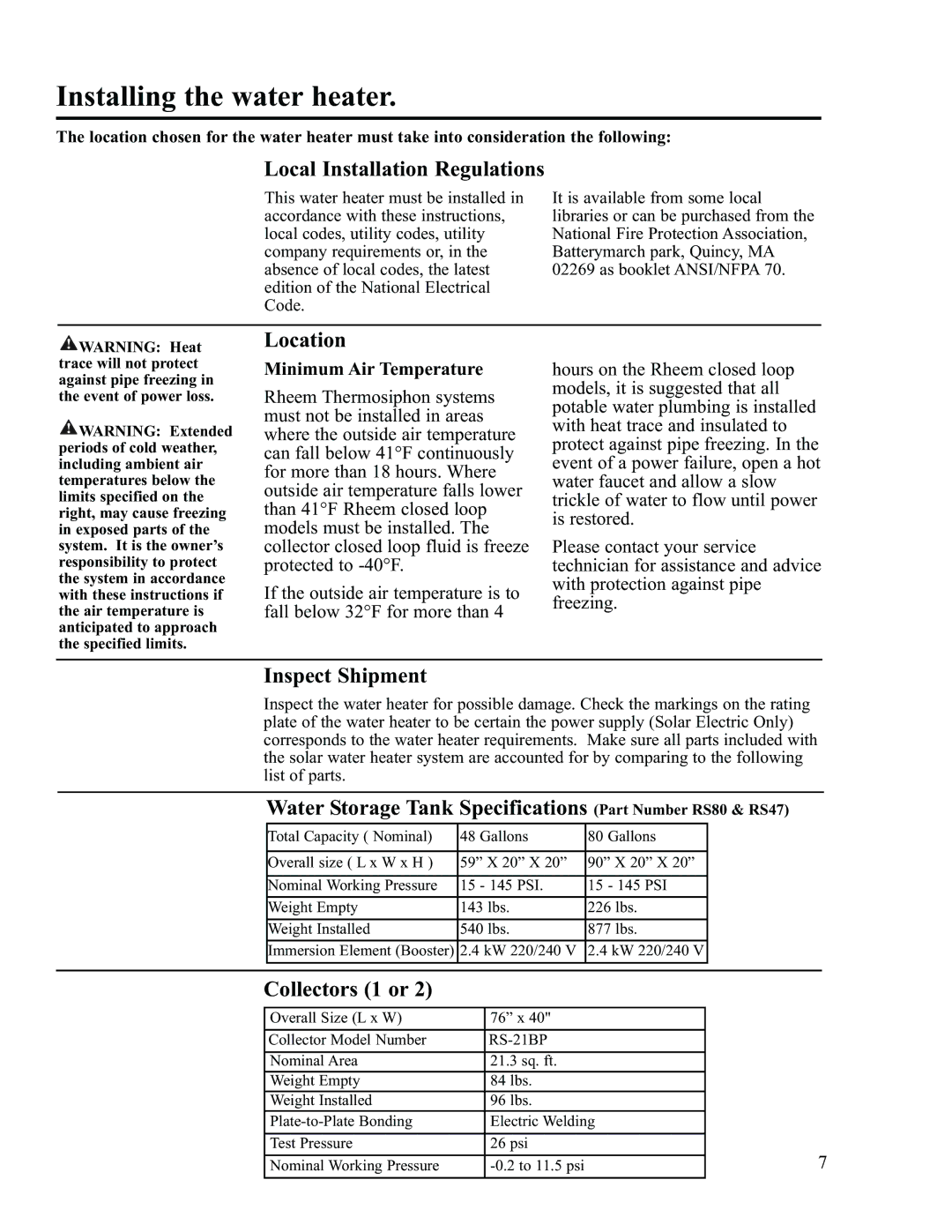 Rheem RS47-21BP, RS80-42BP installation instructions Installing the water heater 