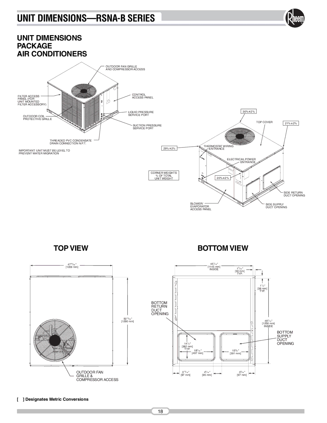 Rheem manual Unit DIMENSIONS-RSNA-B Series, AIR Conditioners, TOP View 