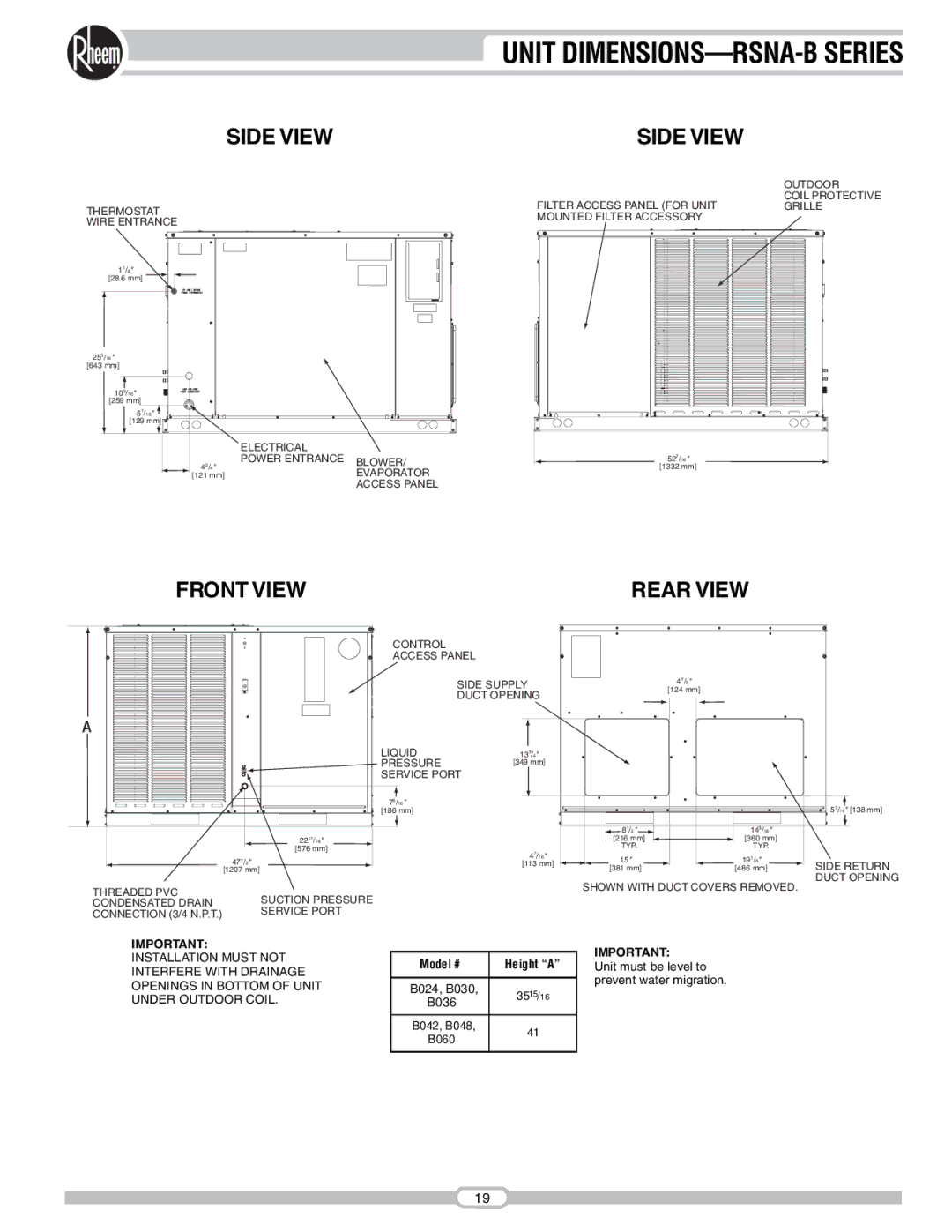 Rheem RSNA-B Series manual Side View, Front View, Model # 