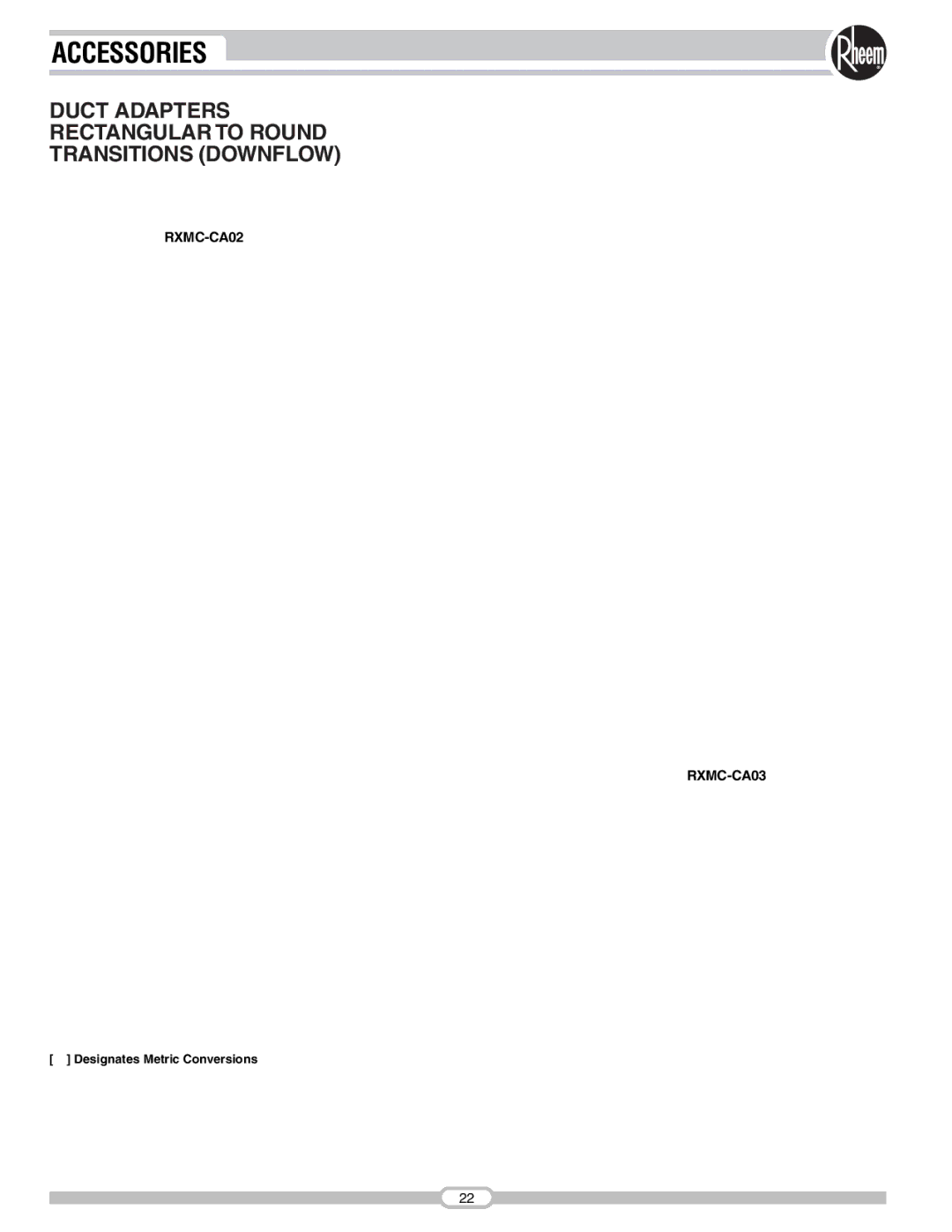 Rheem RSNA-B Series manual Accessories, Duct Adapters Rectangular to Round Transitions Downflow 