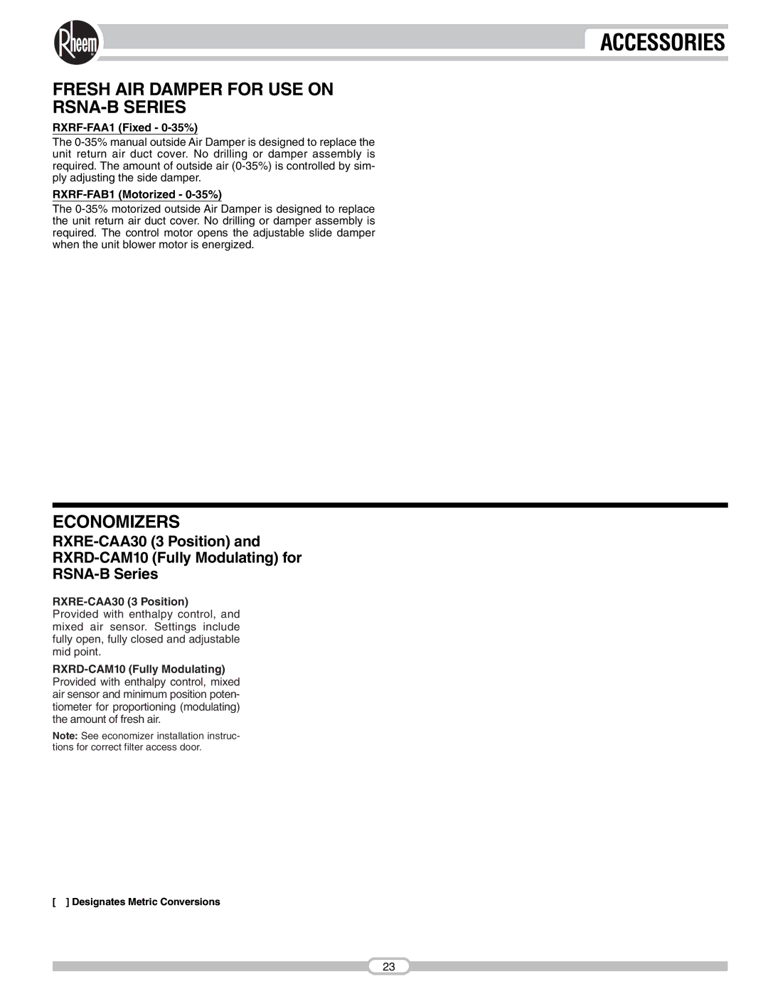 Rheem manual Fresh AIR Damper for USE on RSNA-B Series, Economizers 